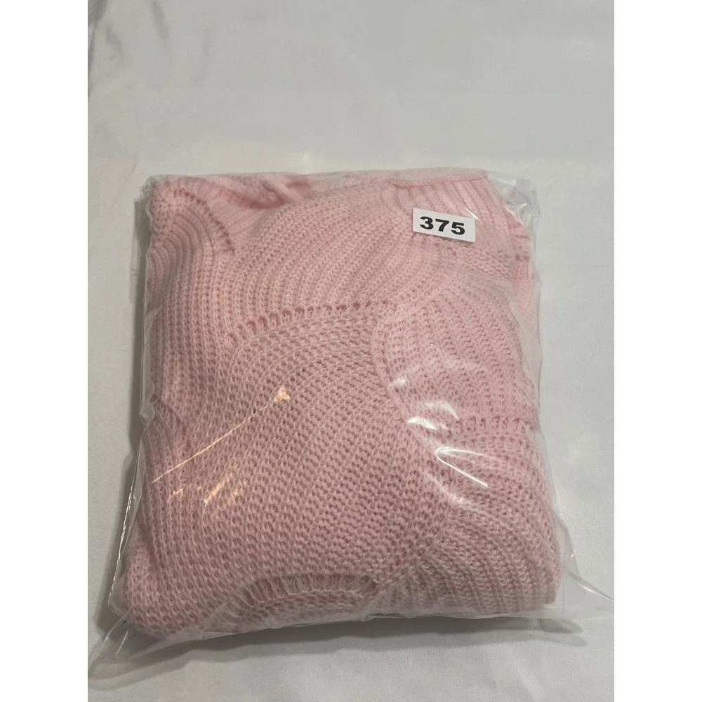 Womens Light Pink Batwing Open Knit V-Neck Scalloped Hem Pointelle Sweater